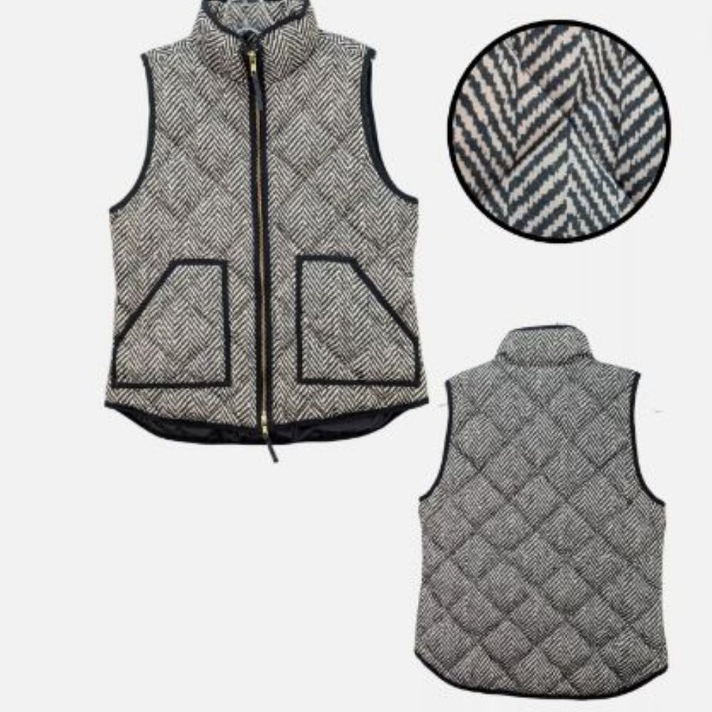 J Crew Gray Herringbone Full Zip Sleeveless Quilted Down Puffer Vest - EUC